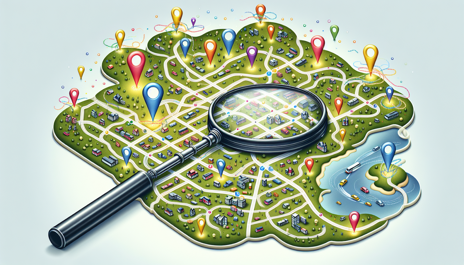 Illustration of a map with location markers and search results