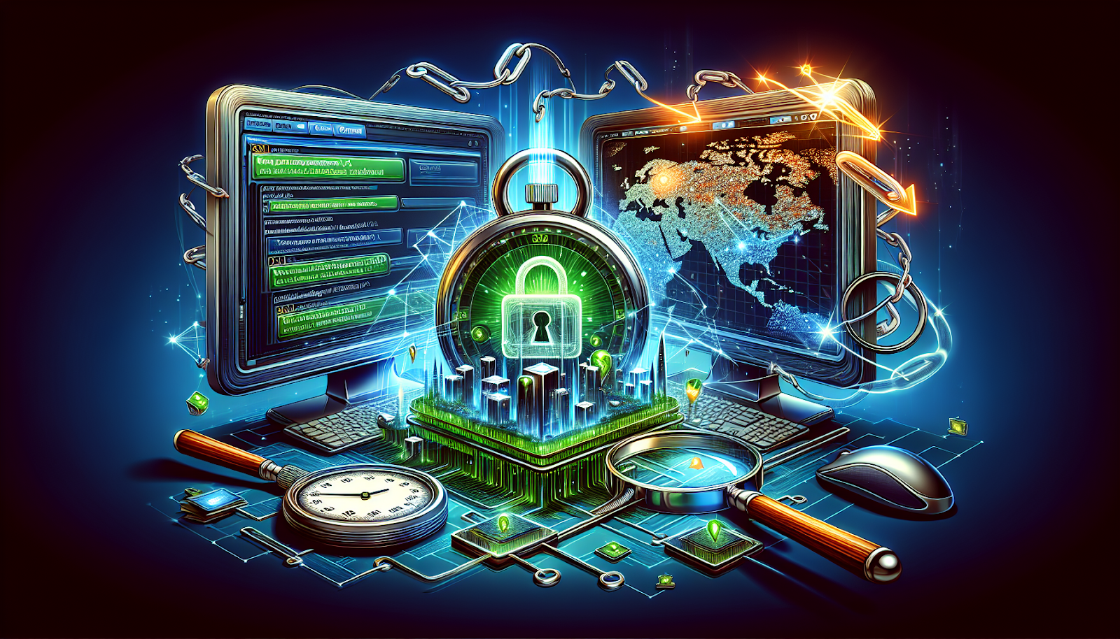 Vector art of technical SEO tasks like SSL, sitemaps, and broken links