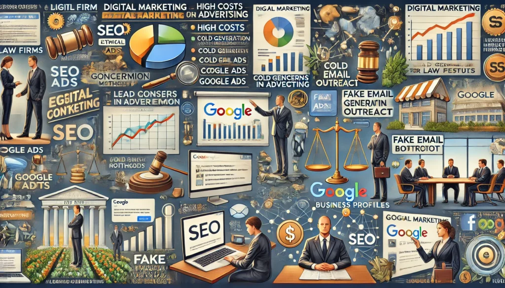 A diverse set of visual representations related to digital marketing for law firms, including images of SEO optimization, high costs in advertising, cold email outreach, Google Business Profiles, etc.