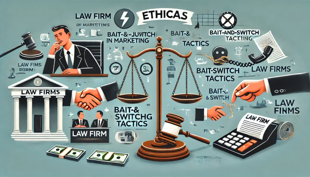 A visual representation of ethical concerns in marketing for law firms - elements like a law firm office, a scale of justice, bait-and-switch and a telephone.